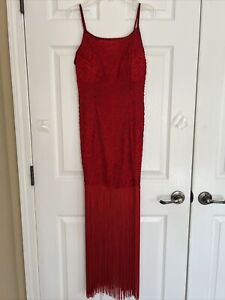 Vintage Ruby Red Opulent Gatsby Look Long Fringes Sleeveless Beaded Dress Small