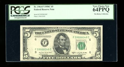 DBR 1950-C $5 FRN Atlanta Fr. 1964-F PCGS 64 PPQ Serial F59998048C - Image 1 of 2