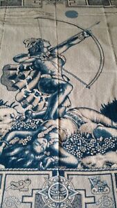 Mexican Mayan Warrior Scene Blanket 91x81 7.5x7 Queen Full Aqua White Bedspread