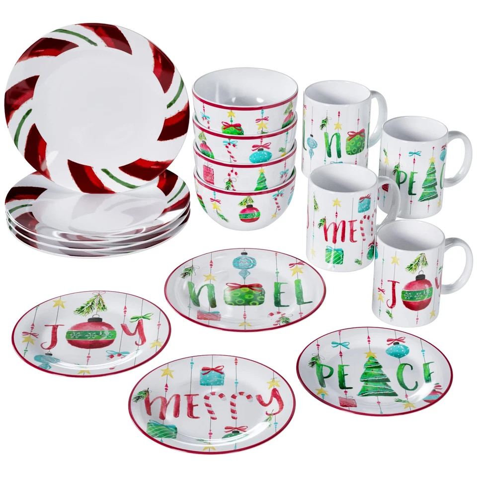 16-Piece Christmas-Themed Stoneware Dinnerware Set - Green/Red - Image 1 of 4