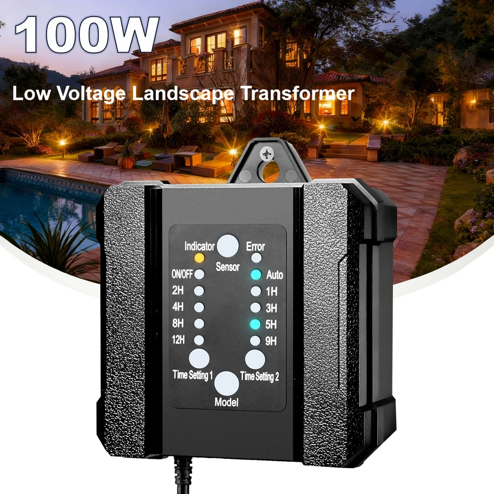 Transformador de paisaje de bajo voltaje resistente a la intemperie de 100 W con temporizador y fotocélula Foto 1 de 4
