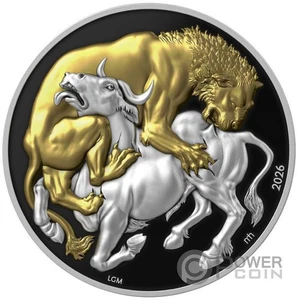 Moneda de plata dorada de 2 oz LION VS BULL 25$ Liberia 2026 - Imagen 1 de 2