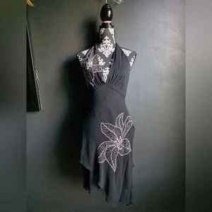 Black BCBG Silk Halter Dress Flower Stitch Embroidered Detail Asymmetrical Sz 6 - Picture 1 of 11