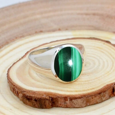 Malachite Oval Cut 925 Sterling Silver Handmade Men's Ring Jewelry - Image 1 of 3