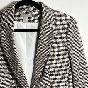 H&M Houndstooth Blazer Womens 10 Cream Navy Red Yellow Jacket Business Casual - Picture 1 of 7