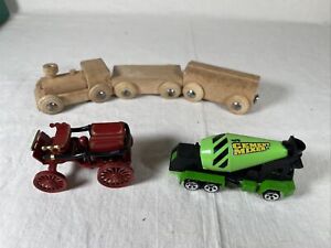 Wood Toy Train 3pc Set, Hot Wheels Cement Mixer, Horse Drawn Pumper