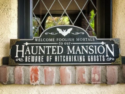 Large Haunted Mansion Hitchhiking Ghosts, Solid Wood and Paint Welcome Sign - Image 1 of 4