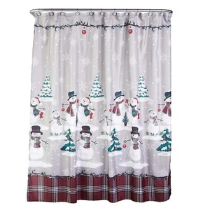 Christmas/Winter Plaid Snowman Shower Curtain & 12pc Hook Set Multi - Picture 1 of 7