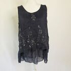 Marina Gigli Woman's Blue Sequin Round Neck Sleeveless Blouse Top Shirt Size L