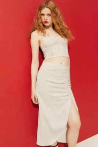 Falda Midi Frontal Cintura Alta Drapeada Dividida En Beige Claro UK 12 - Imagen 1 de 7