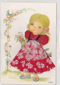 carte postale BRODEE EMBROIDERED BORDADA FOLKLORE Fille robe rouge fleurie - Picture 1 of 2