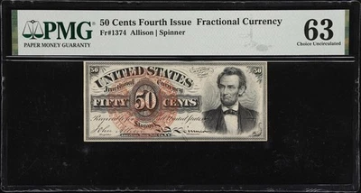 1869-75 50 CENT FRACTIONAL CURRENCY FR1374 "LINCOLN" PMG CHOICE UNCIRCULATED-63 - Image 1 of 2