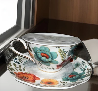 Monterey Bay Fine Porcelain Multi Floral 2 Tea Cups 2 Saucers 4 Piece Set NWT - Image 1 of 4