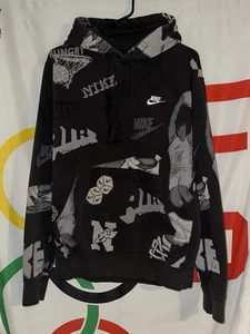 Nike Hoodie Mens Small Black AOP Pullover Sweatshirt Casual Swoosh Basketball - Picture 1 of 8