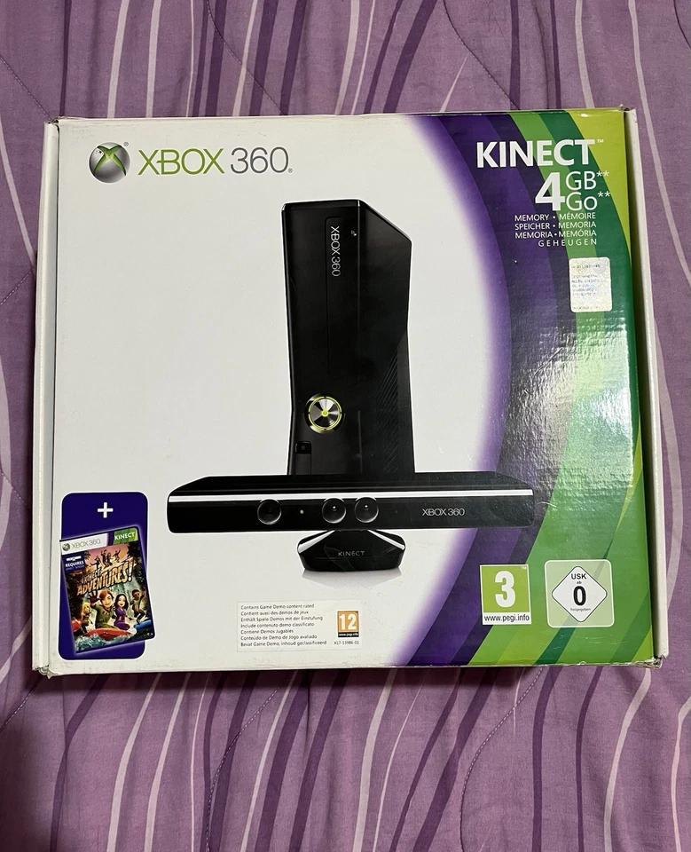 Console Microsoft Xbox 360 Slim Nera 4 GB con Kinect Gioco Box Scatola Originale - Immagine 1 di 4