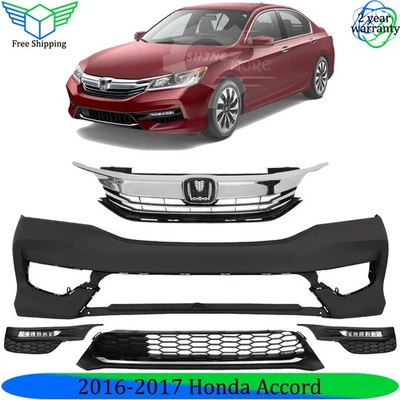 Front Bumper Cover Primed Plastic & Fog Lights Kit For 2016-2017 Honda Accord Foto 1 de 4