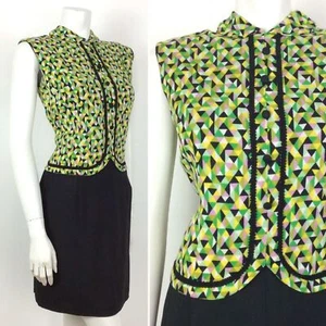 VTG 60S BLACK GREEN PINK YELLOW GEOMETRIC MOD DRESS 12 - Picture 1 of 8