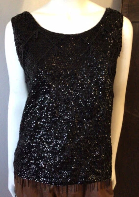 Blusa Top Vintage Años 60 Con Cuentas Lentejuelas Art Deco Flecos Cóctel Glamour Fiesta Talla 34 Foto 1 de 4