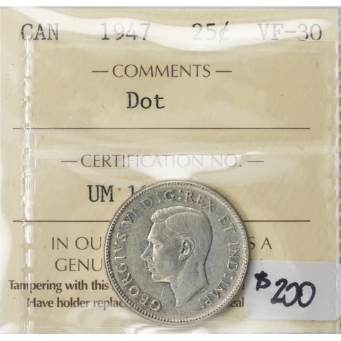 Canada 1947 Dot 25 Cents Quarter Silver Coin - ICCS VF-30 Cover