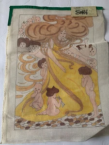 Vintge 70's Mother LADY Hippie Babies Hand Painted Bobbi Needlepoint Canvas Rare - Picture 1 of 6