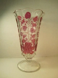 VTG Westmoreland Glass Paneled Grape With Ruby Stain Decoration Large Vase - Picture 1 of 5