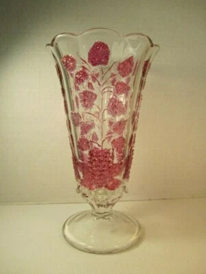VTG Westmoreland Glass Paneled Grape With Ruby Stain Decoration Large Vase - Image 1 of 4