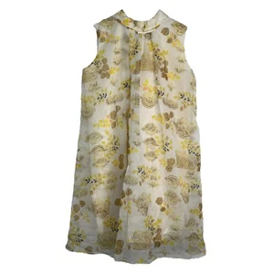 Vintage 60s Babydoll Tent Dress Lined Collar AOP Leaf Print Yellow Girls 7/8 - Picture 1 of 5