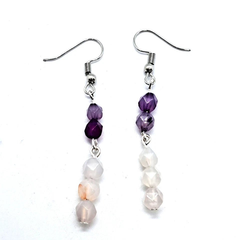 Pendientes cuentas ágata tono plata púrpura blanco 1-1/2" NUEVO Foto 1 de 1