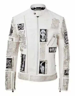 Мужская кожаная куртка Philipp Plein белая полностью серебристая с заклепками нашивки вышивка - Изображение 1 из 4