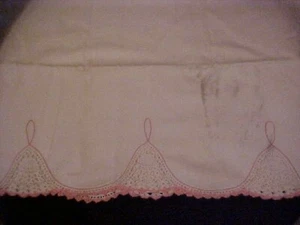 One Vintage White Pillowcase w/ Pink & White Crochet Trim - Picture 1 of 3