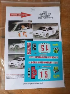 DECALS 1/16 REF 981 Alpine 110 Manzagol Elba Rally 1972 - Foto 1 di 1