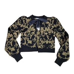 Alice & Olivia Kitty puff sleeve black gold cardigan women's size XS NWOT - Picture 1 of 4