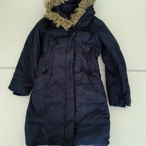 Monsoon Jacket Medium Navy Womens Fur Trim Hood Down Filled Padded Mid Length - Picture 1 of 13