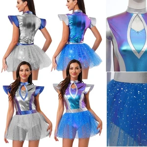 Women Skirt Cosplay Mini Dress Rave Costume Themed Built-in Briefs Disco Shiny - Picture 1 of 45