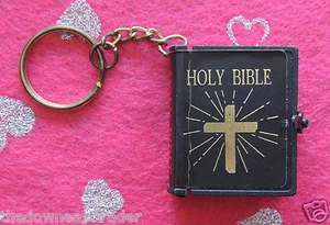 Miniature Holy Bible Keychain ~1-1/4" x 1-1/2" Black Gold Cross Crucifix Mint - Picture 1 of 2
