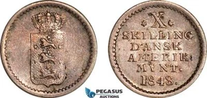 AK053, Danish West Indies, Frederik VII, 10 Skilling 1848, Silver, Toned AU - Picture 1 of 1