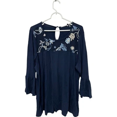 89th + Madison Embroidered Floral Bell Sleeve Blouse Top Navy Blue 1X - Image 1 of 4