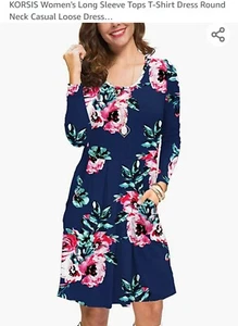 KORSIS Women's Long Sleeve Tops T-Shirt Dress Round Neck Casual Loose Dress. - Picture 1 of 4