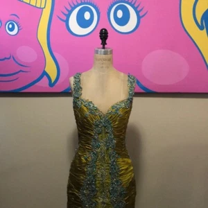 Abito vintage verde lime blu pizzo seta raso seta - Foto 1 di 16