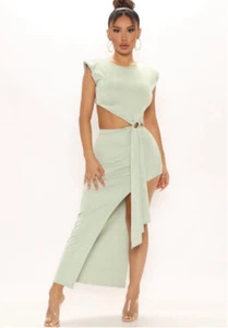 Green Fashion Nova Midi Brunch Vacation Dress Boho Side Cutout Dress Sz Small - Picture 1 of 1