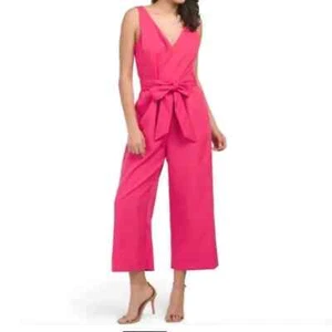 NWT Sam Edelman Hot Pink V-Neck Wide Leg Tie Waist Crop Jumpsuit Women's 16 Chic - Picture 1 of 15
