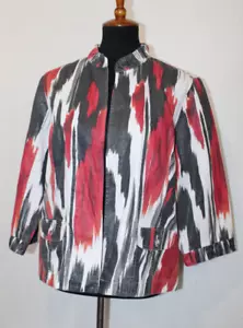 Chico's Sz 2 Red Gray Glitter Art Linen Blend Open Jacket Pockets - Picture 1 of 6