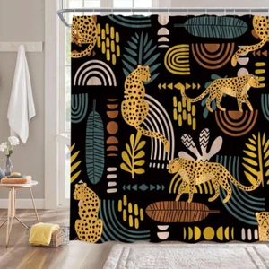 Leopard Palm Leaves Shower Curtain Boho Cheetah Tropical Wildlife African Animal - Picture 1 of 6