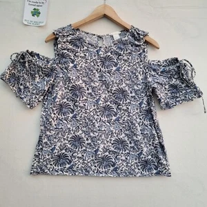 H&M Short Sleeve Blouse Size S Ladies Cotton Top White Blue - Picture 1 of 9