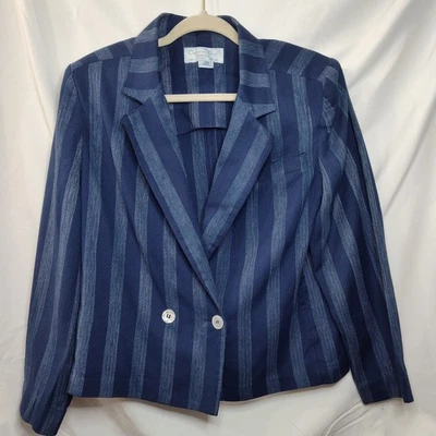 Vintage Christian Dior Blazer Navy Blue Women's 12 Double Breasted Stripes Linen - Image 1 of 4