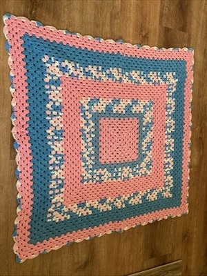 Crocheted Baby Blanket Boy Or Girl Pink And Blue 36”x36” Vintage Yarn Square - Image 1 of 4