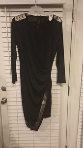 Vestido Ashley Stewart Negro Dorado Semi Envolvente Elastizado Largo Slv Cremallera 10/12 Asimétrico - Imagen 1 de 7