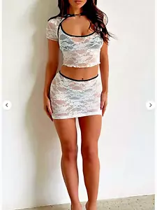 Sister Party Sz M 10 White Lace See Through Short Sleeve Crop Top Mini Skirt £64 - Picture 1 of 3