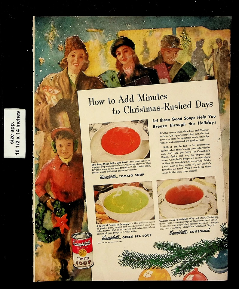 1946 Campbell's Consomme sopa de ervilha verde corrida de Natal impressão vintage anúncio 24064 - Imagem 1 de 1