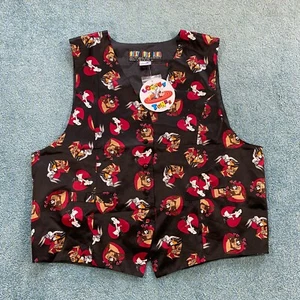 VINTAGE Looney Tunes Mania Silk Valentines Day Vest 1996 Mens XL Black Red Heart - Picture 1 of 10